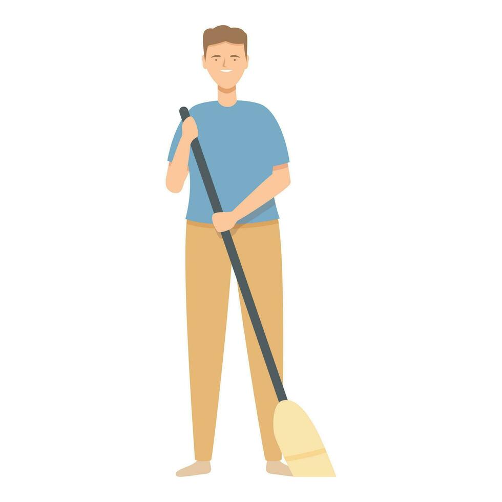 Man with broom cleaning tool icon cartoon vector. Indoor house cleaning equipment. vector