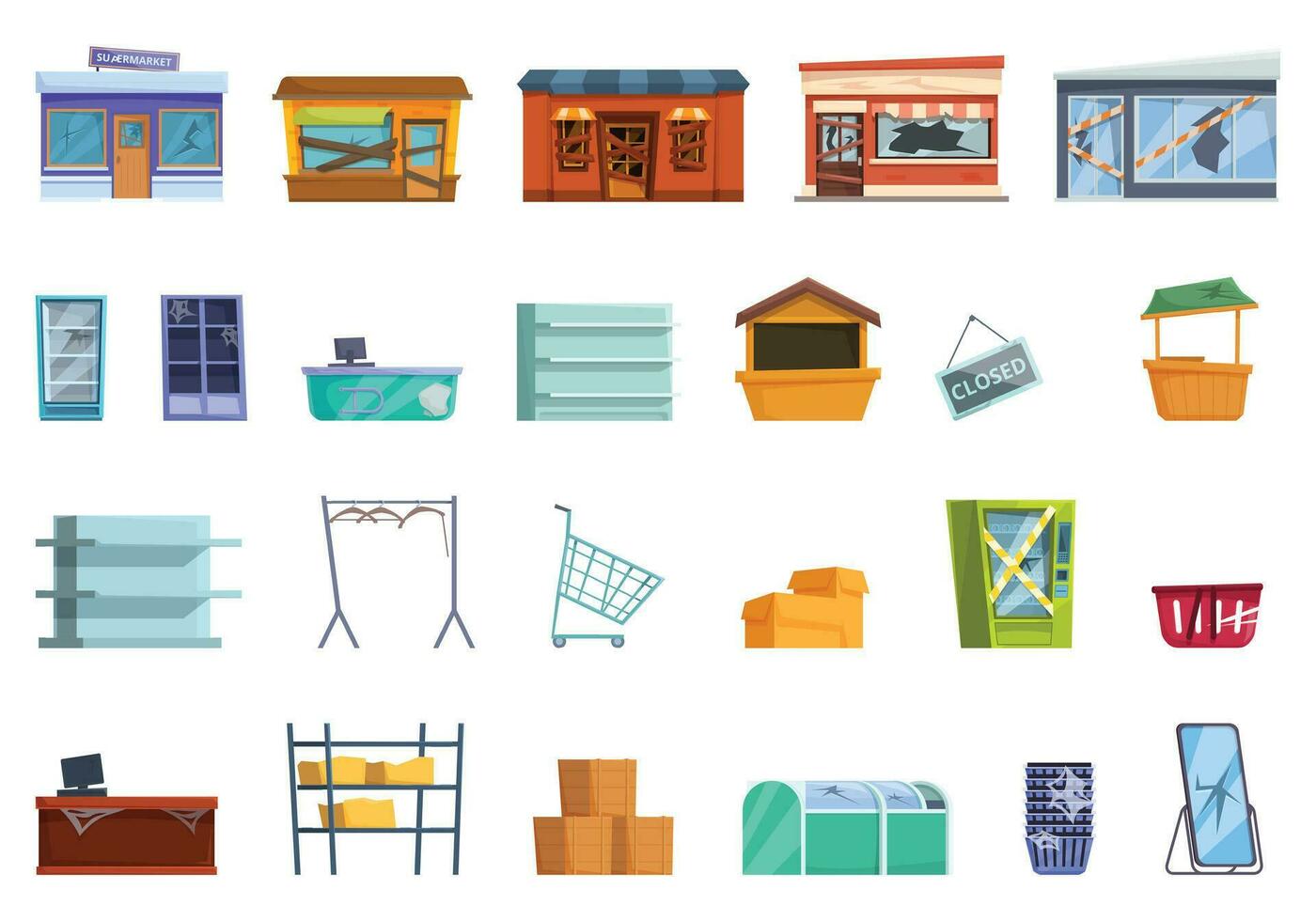 Abandoned store icons set cartoon vector. Broken street market vector