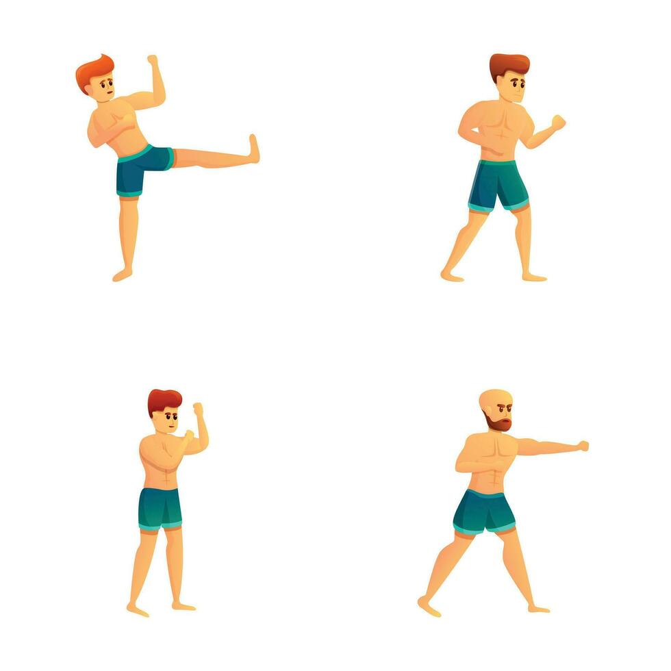 Workout icons set cartoon vector. Men practicing different kinds of martial art vector