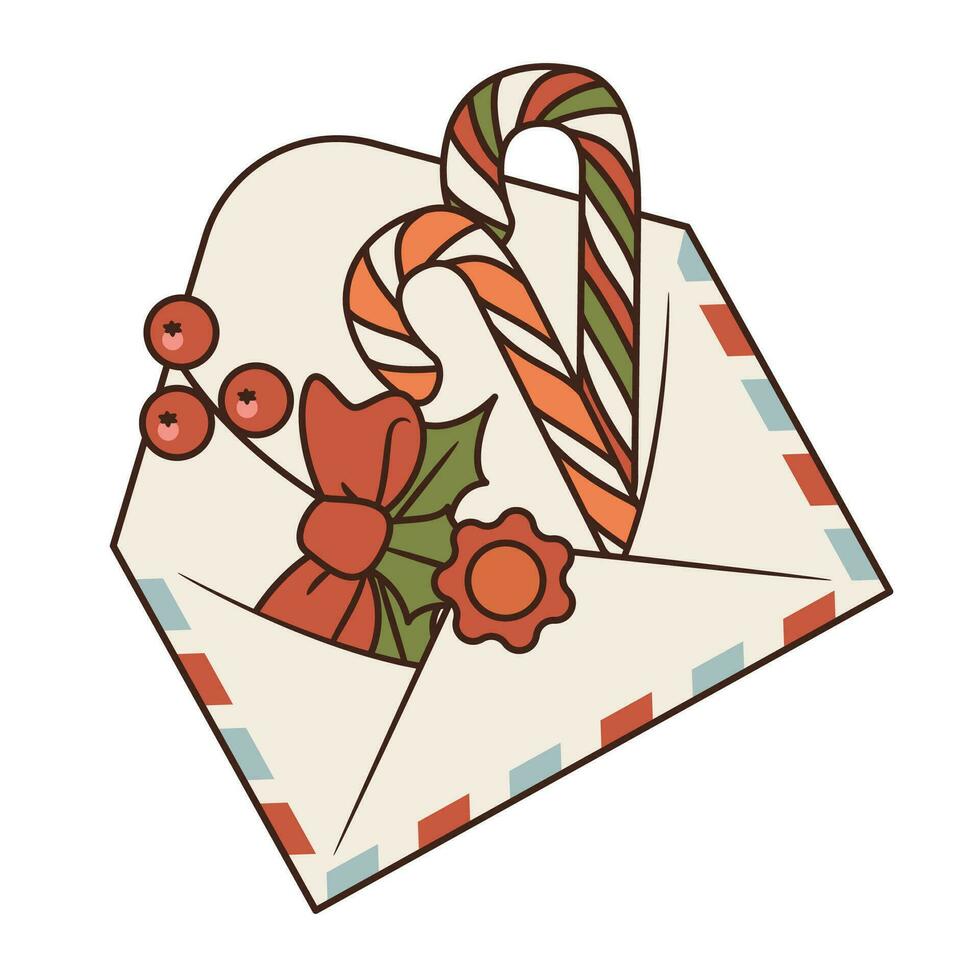 Isolated Christmas envelope with candy canes, red bow and holly berry. Vector illustration on a white background