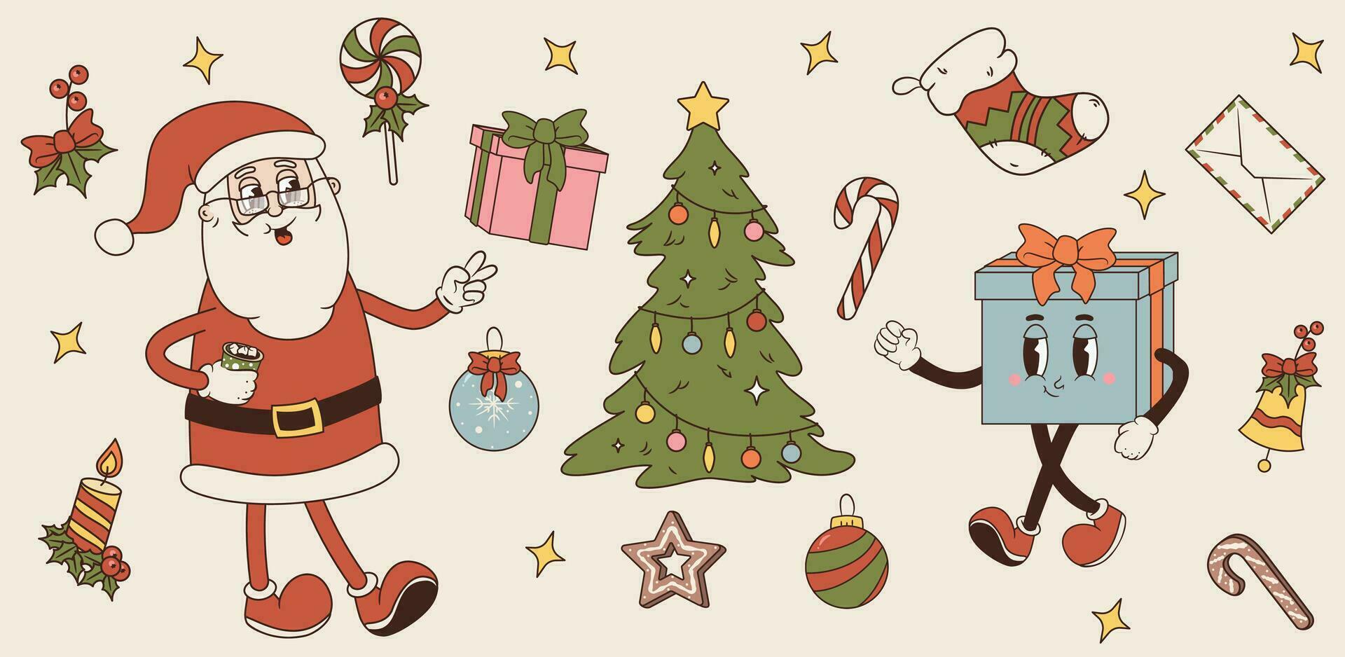 vector conjunto de alegre Navidad y contento nuevo año simbolos ilustraciones de retro Navidad árbol, regalo personaje, Papa Noel noel, panes de jengibre, dulce, vela, adornos, campana y arco con acebo baya