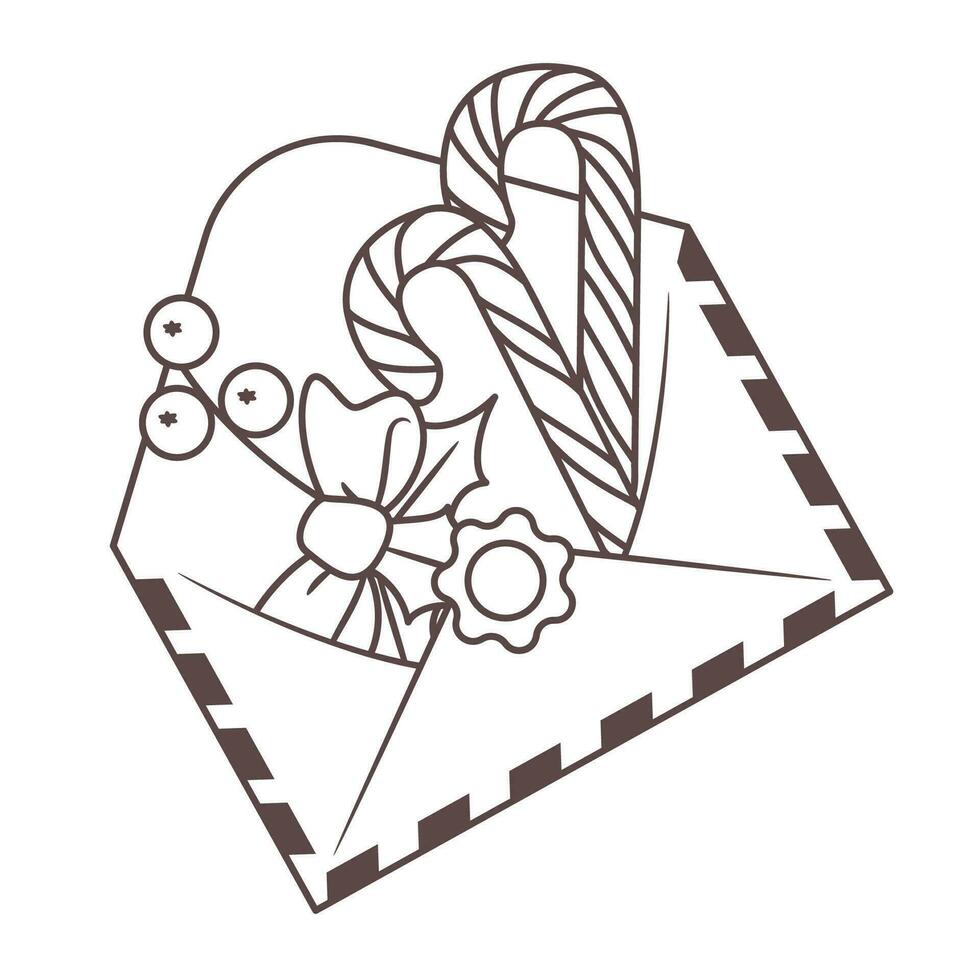 Isolated Outline Christmas envelope with candy canes, bow and holly berry. Vector illustration on a white background