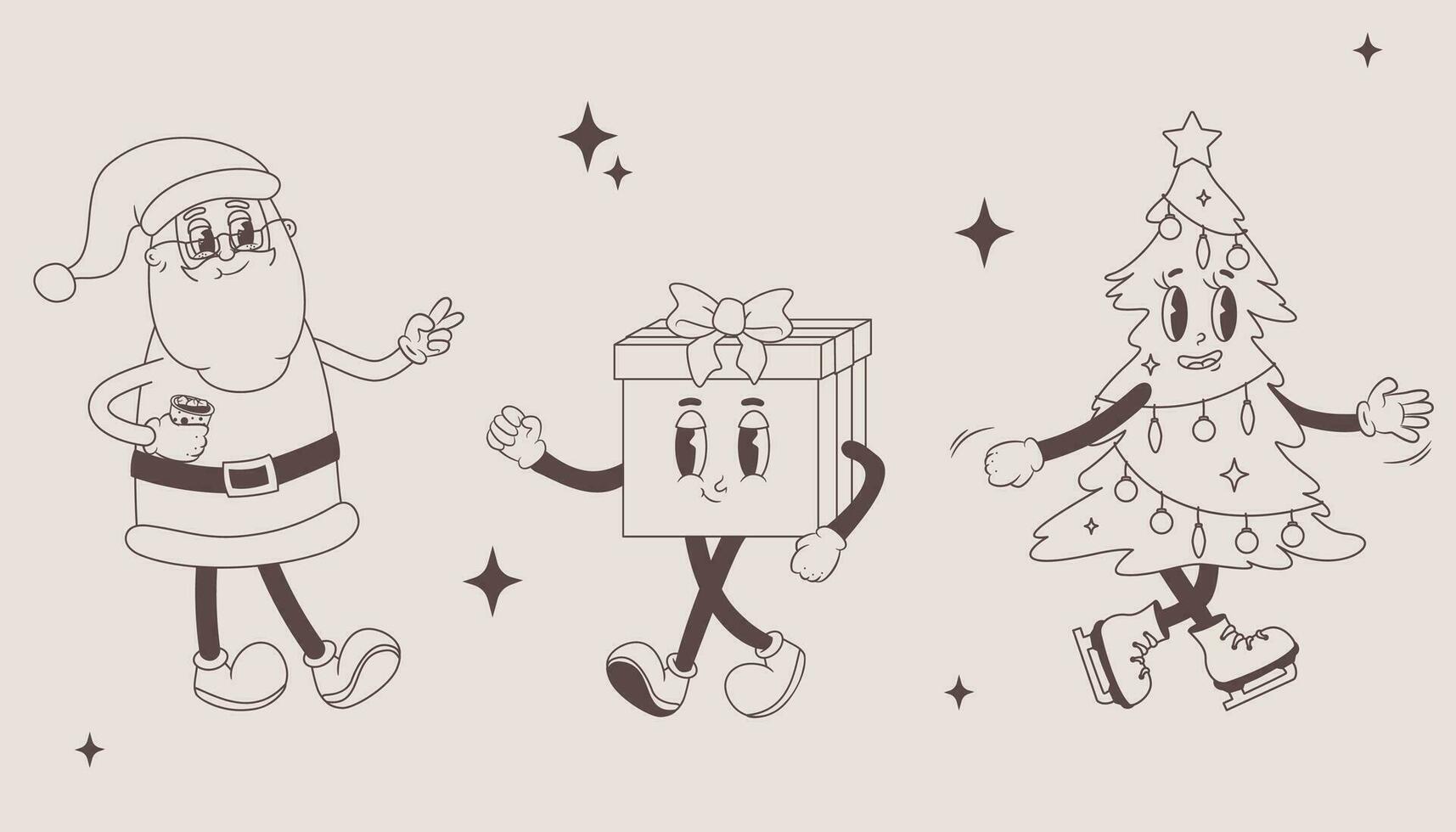 Vector set of xmas retro cartoon characters. Outline Illustrations of Santa, gift and Christmas Tree in 60s 70s style. Merry Christmas and Happy New Year groovy mascots
