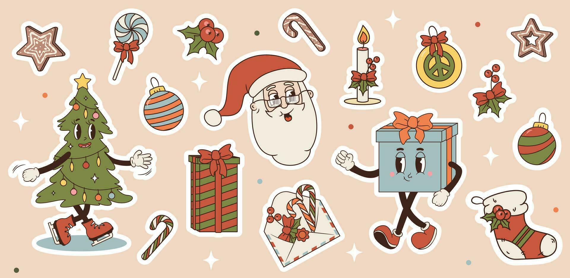 vector conjunto de maravilloso Navidad pegatinas ilustración de Papa Noel noel, Navidad árbol y regalo caracteres, decoraciones tal como caramelo caña, pan de jengibre y adornos retro Clásico 60s 70s estilo