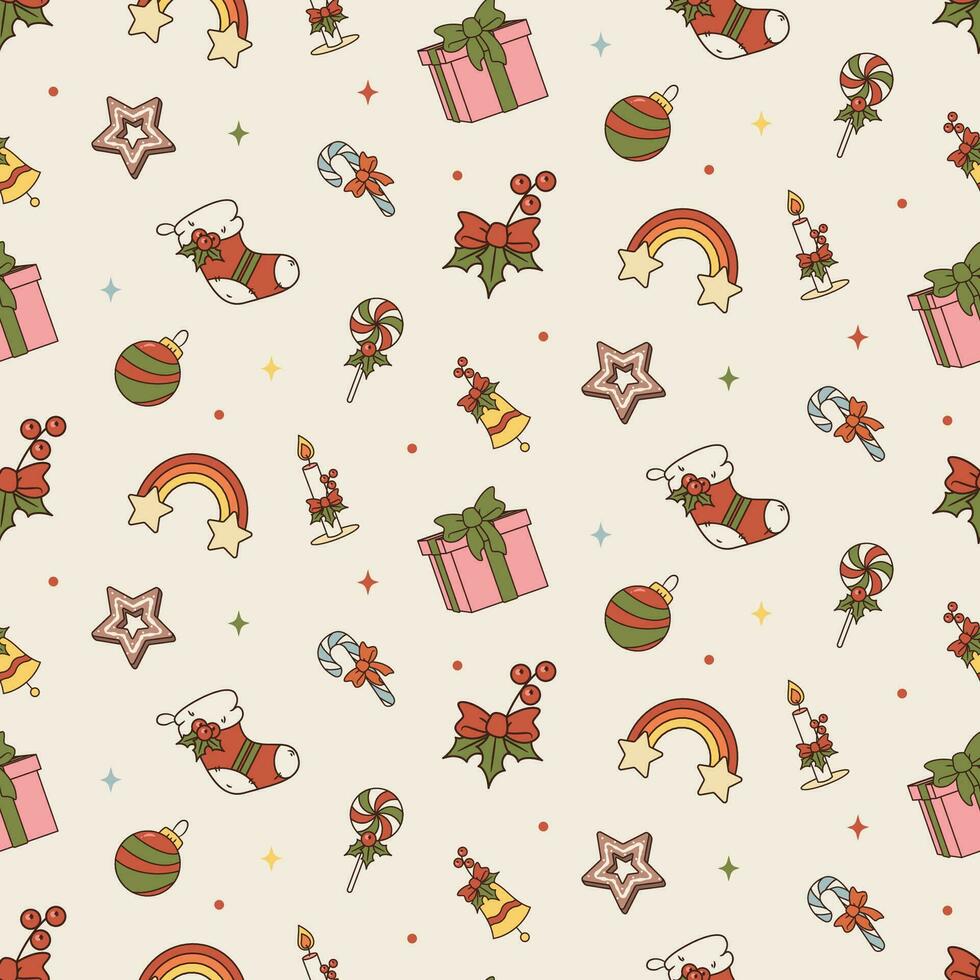 Vector Seamless pattern with Merry Christmas and Happy New Year symbols. Groovy cartoon Illustration in retro 60s 70s style. Holiday festive season background