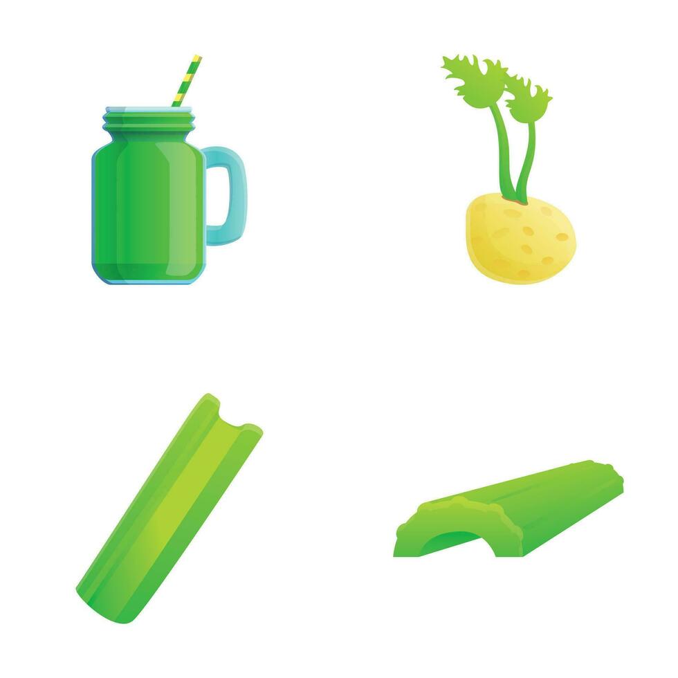 Celery drink icons set cartoon vector. Sliced stem round root and green smoothie vector