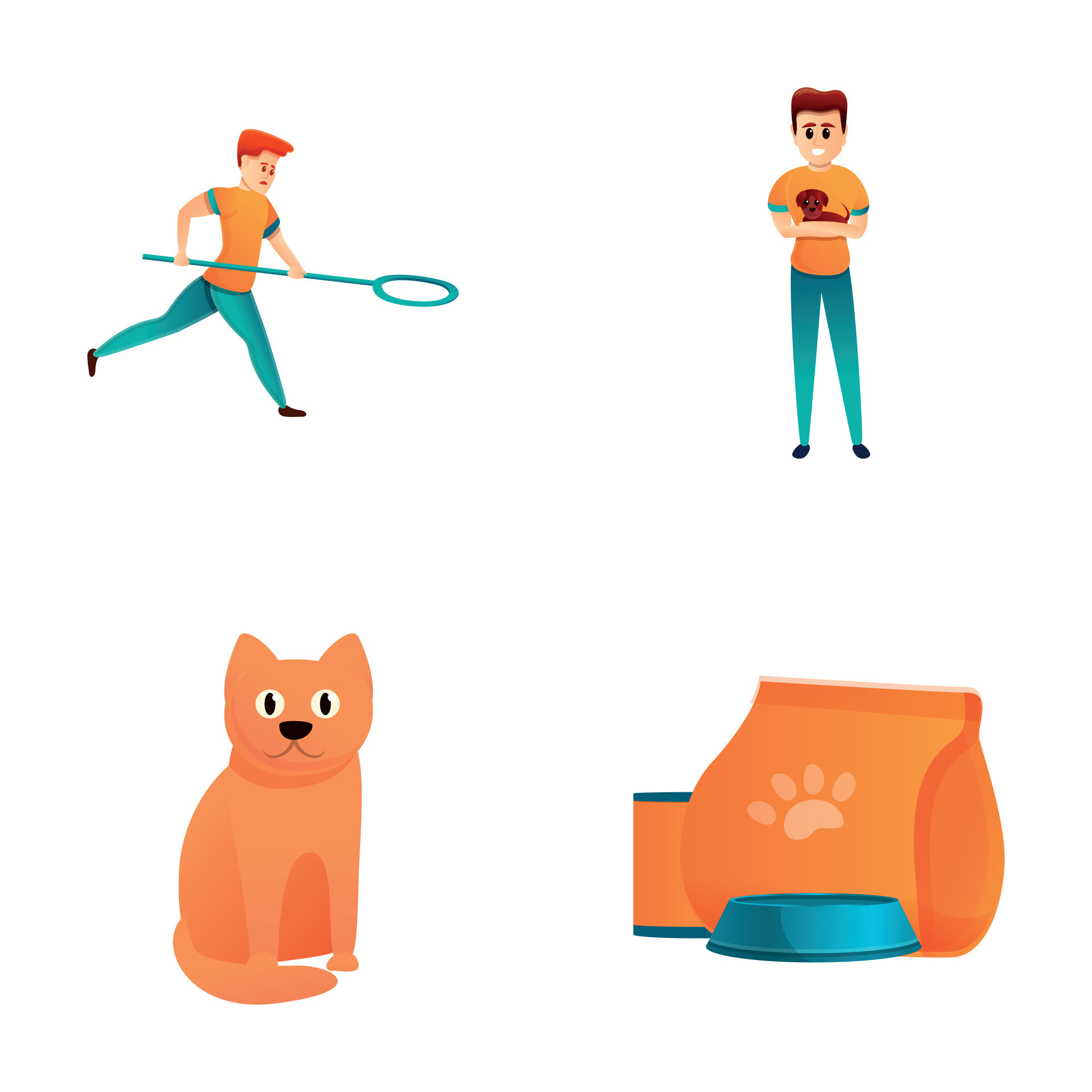 Animal capture icons set cartoon vector. Young man with net cat