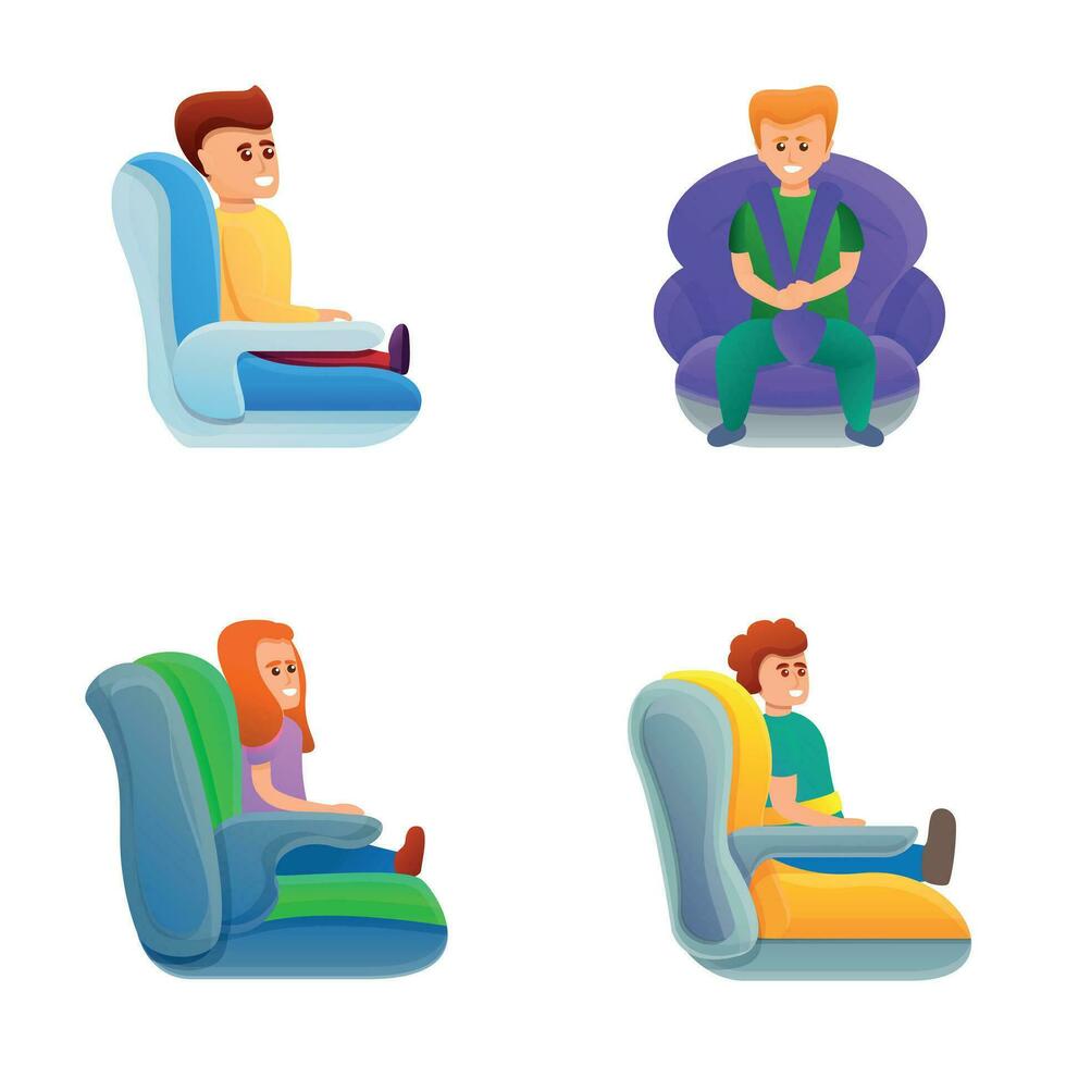 la seguridad asiento íconos conjunto dibujos animados vector. diferente tipo de niño restricción vector