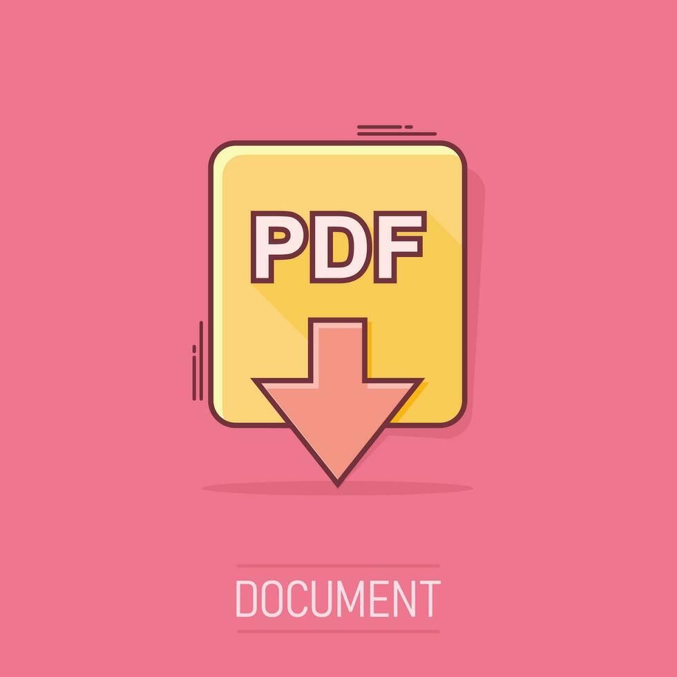 Cartoon PDF file icon in comic style. PDF download sign illustration pictogram. Document splash business concept. vector