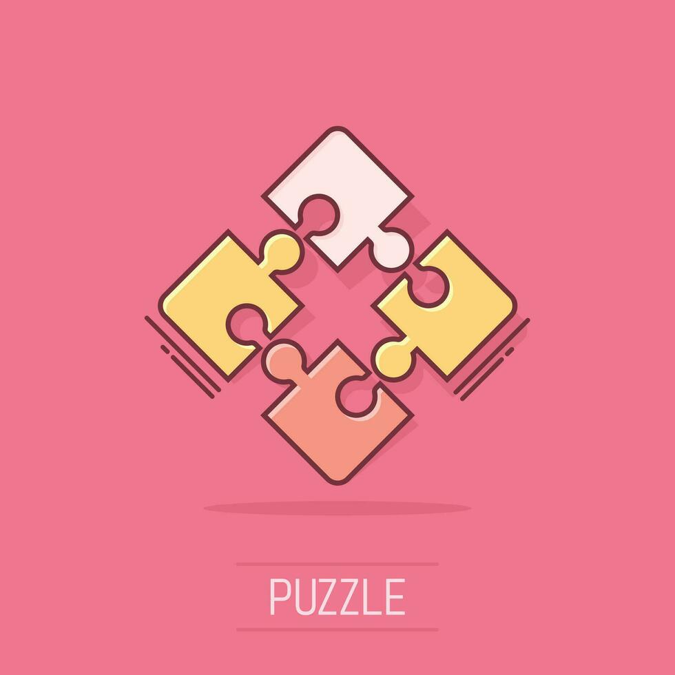 Cartoon puzzle icon in comic style. Jigsaw sign illustration pictogram. Toy game splash business concept. vector