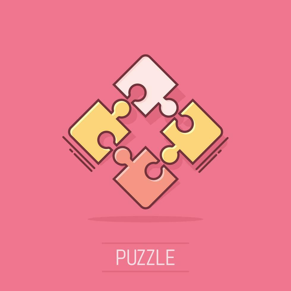 Cartoon puzzle icon in comic style. Jigsaw sign illustration pictogram. Toy game splash business concept. vector