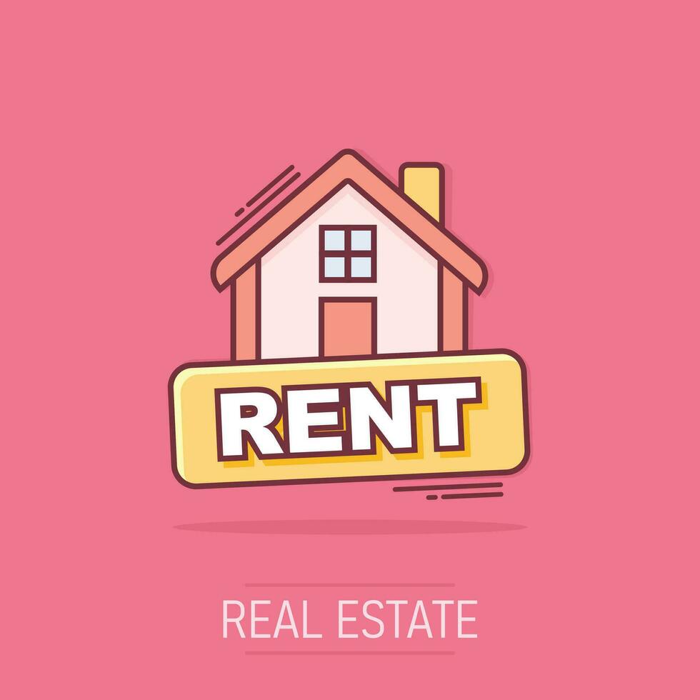 Cartoon rent house icon in comic style. Home illustration pictogram. Rental sign splash business concept. vector