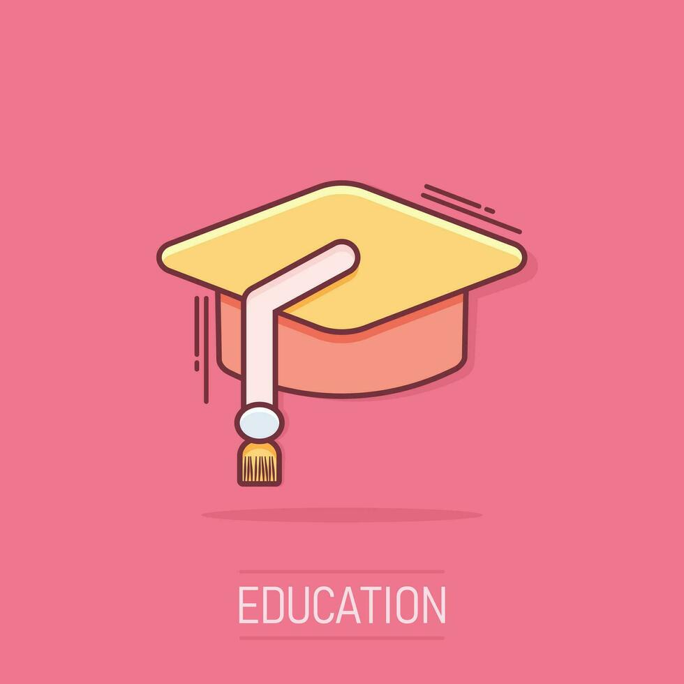 Cartoon education hat icon in comic style. Bachelor cap illustration pictogram. Education sign splash business concept. vector