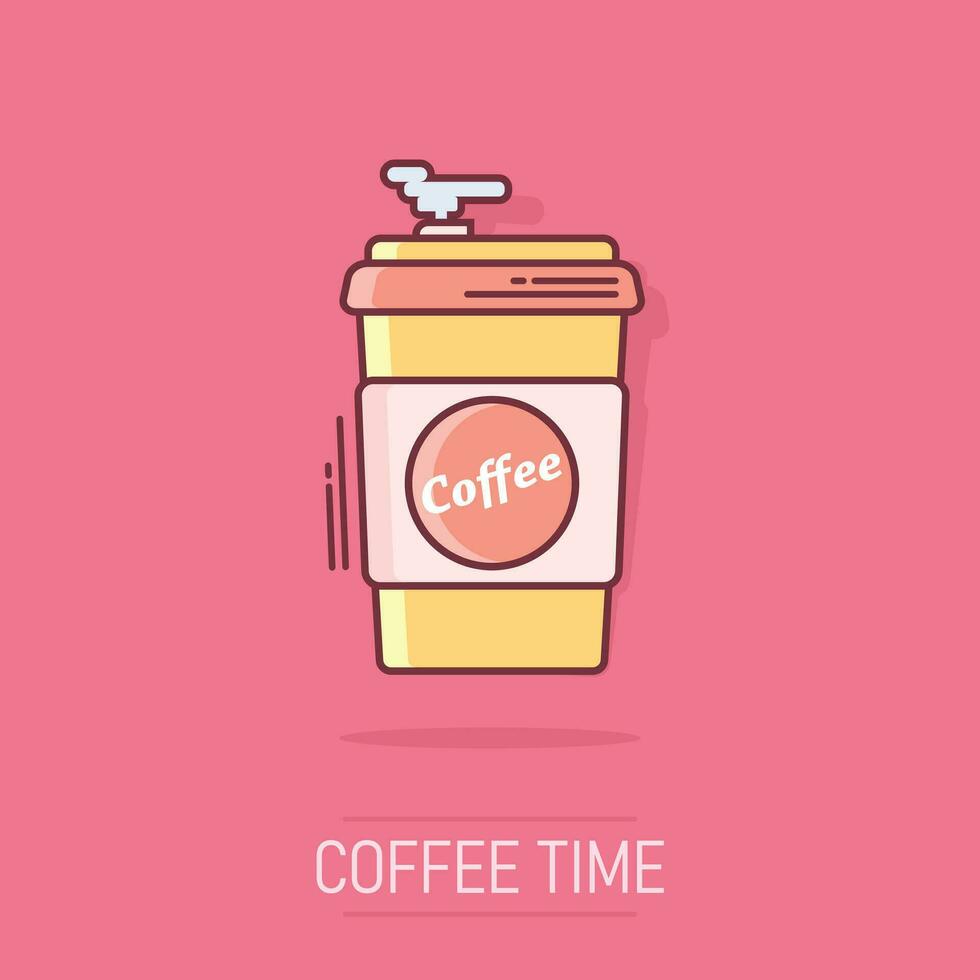 Coffee, tea cup icon in comic style. Coffee mug vector cartoon illustration pictogram. Drink business concept splash effect.