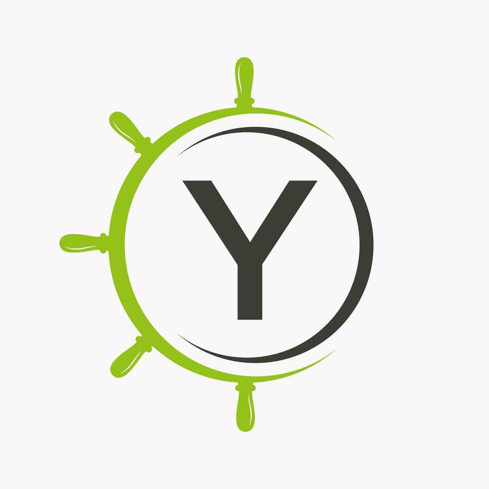 Letter Y Ship Logo Concept With Ship Wheel Symbol Vector Template