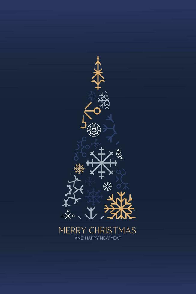 Christmas tree made of multi-colored snowflakes on a dark blue background. Greeting card design. vector