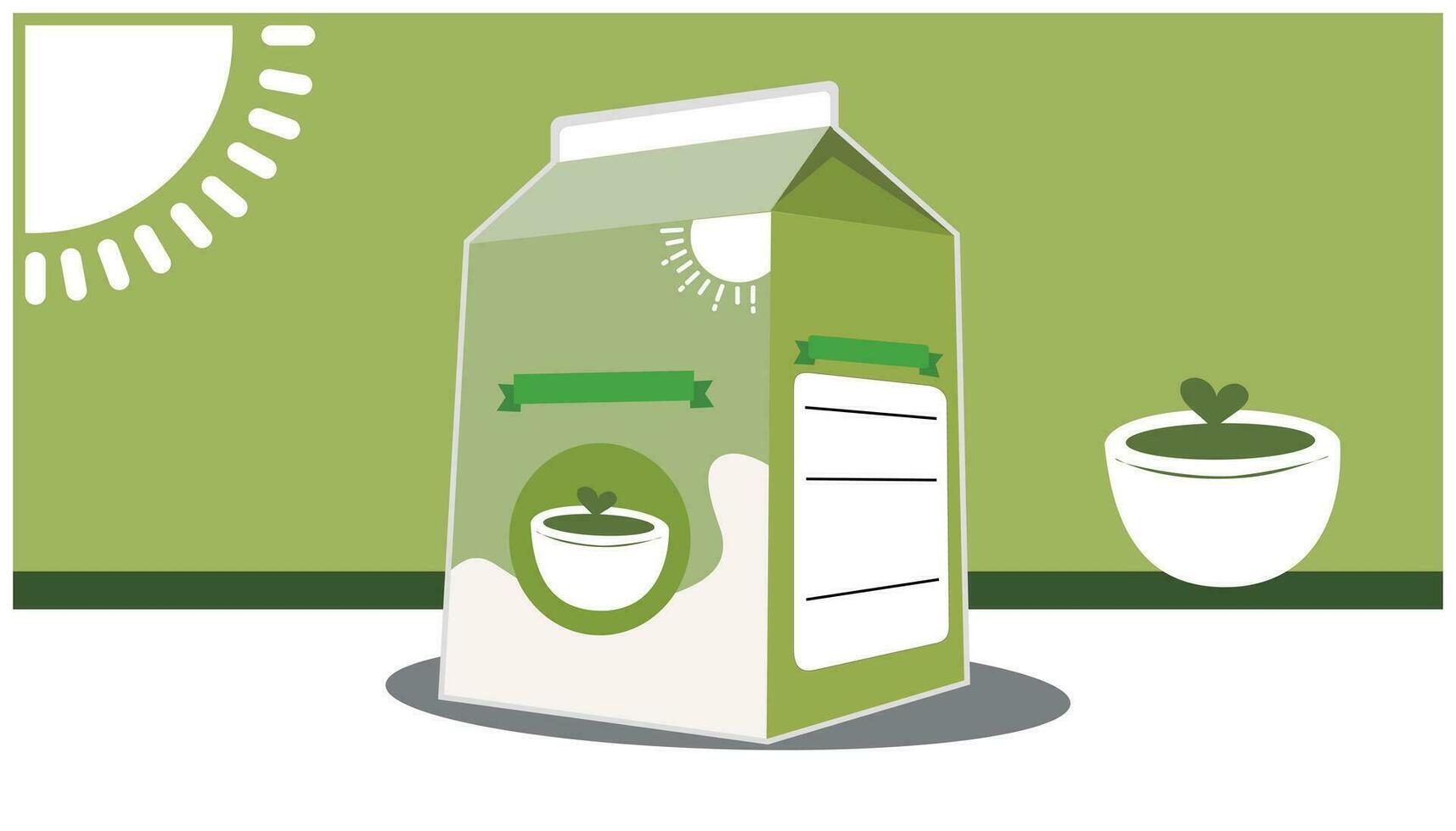 ilustración de un Leche caja de cartón caja en un verde antecedentes. Leche caja de cartón diseño, vector ilustración. ideas para embalaje bebida productos tal como matcha, verde té, leche, etc.