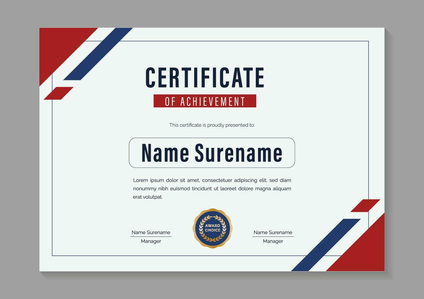red and blue minimal certificate of achievement template design vector