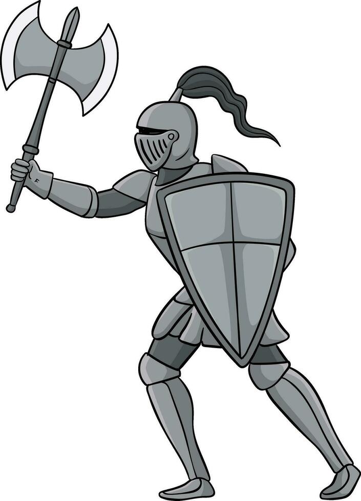 Knight Holding Axe and Shield Cartoon Clipart vector