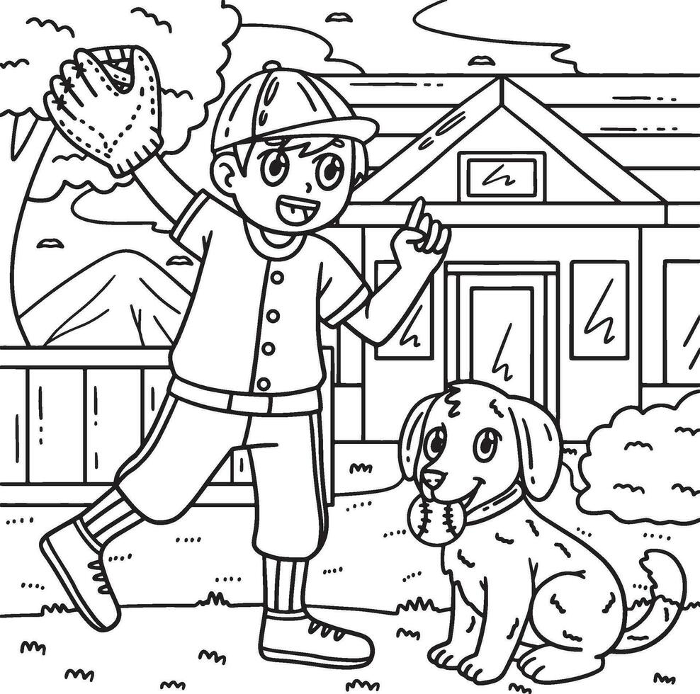 Boy and Dog Biting Baseball Coloring Page for Kids vector