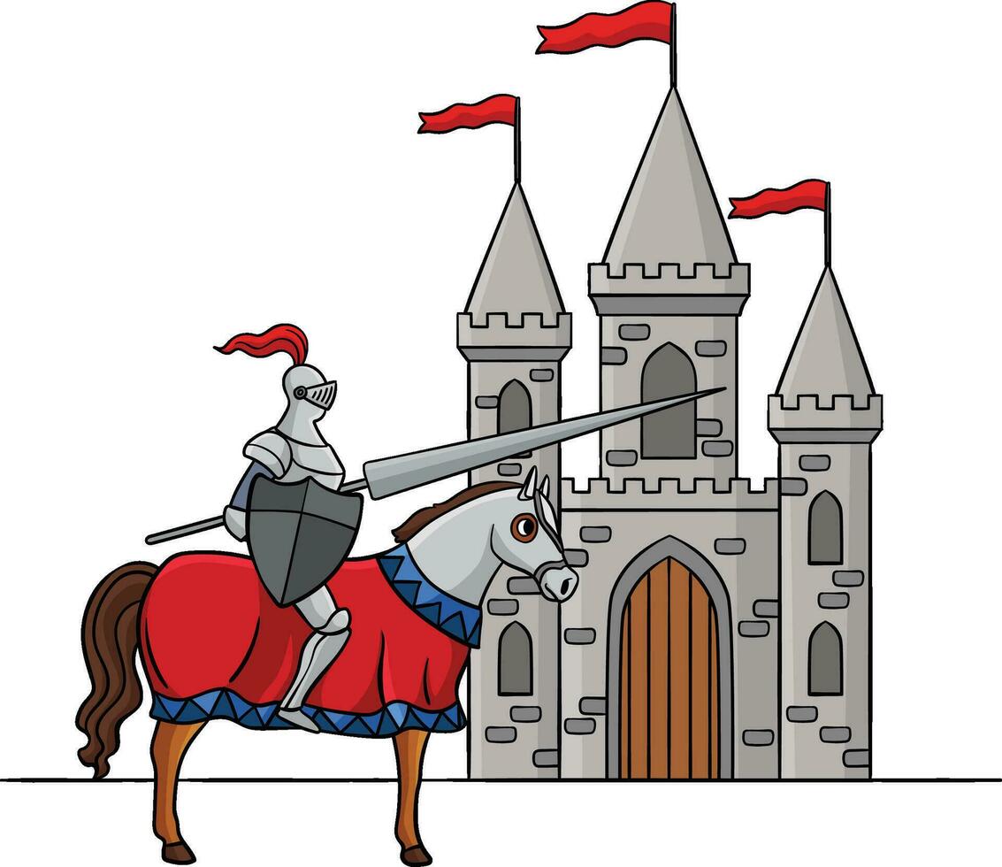 Caballero montando caballo en frente de un castillo clipart vector