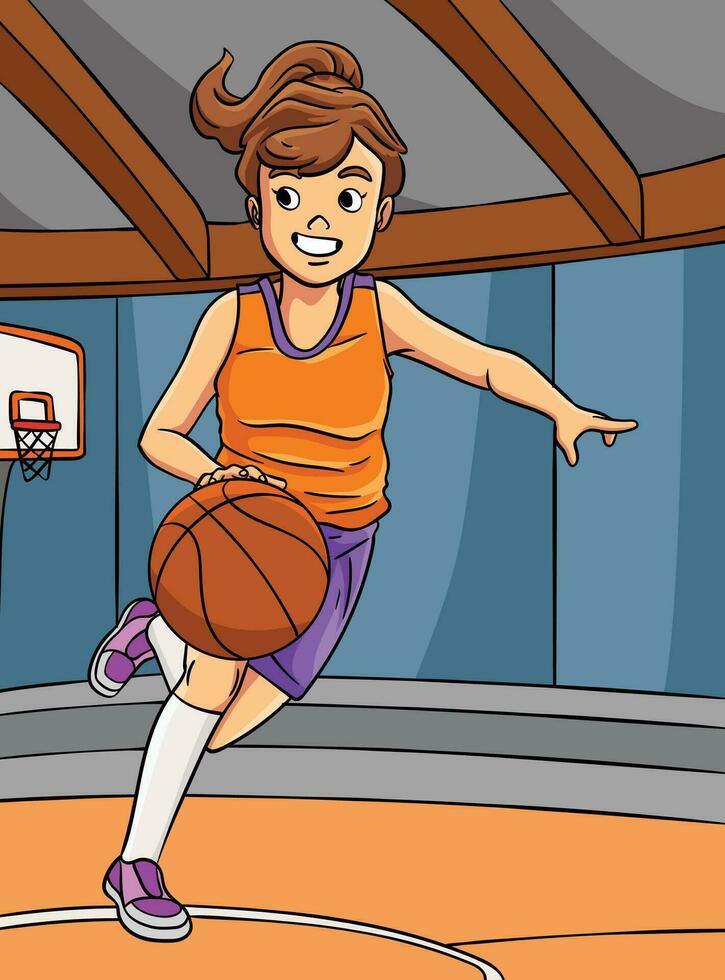 baloncesto niña regate de colores dibujos animados vector