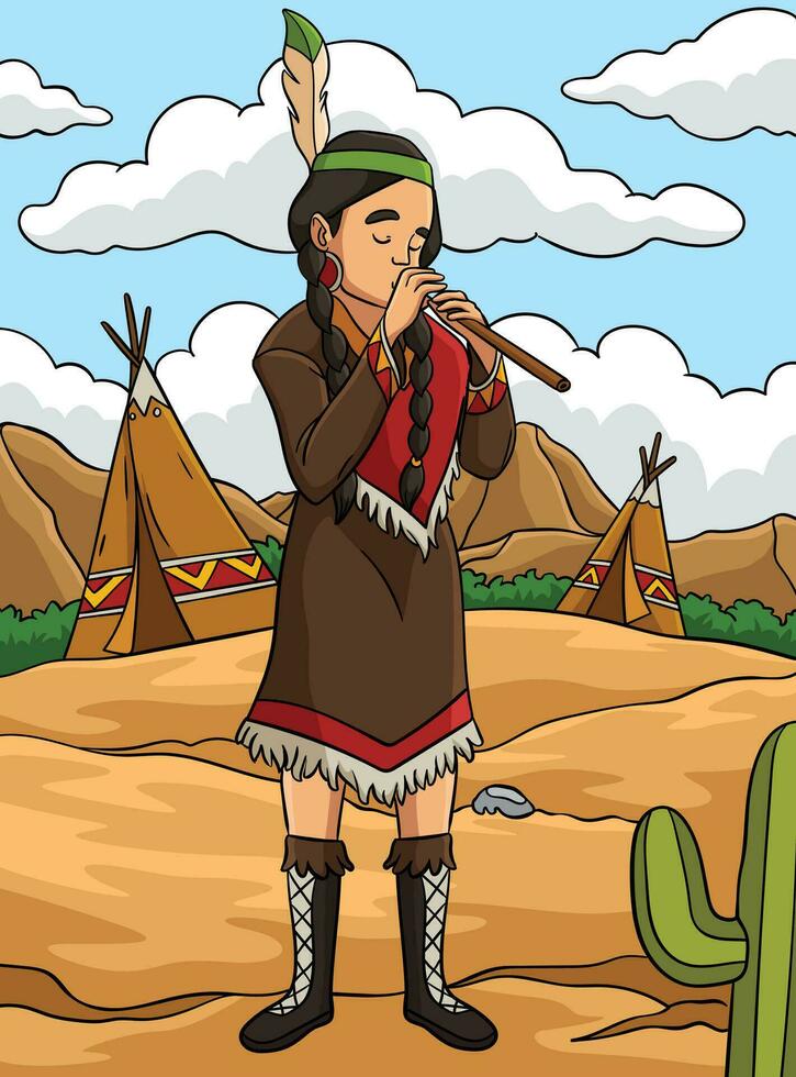 nativo americano indio niña y flauta de colores vector