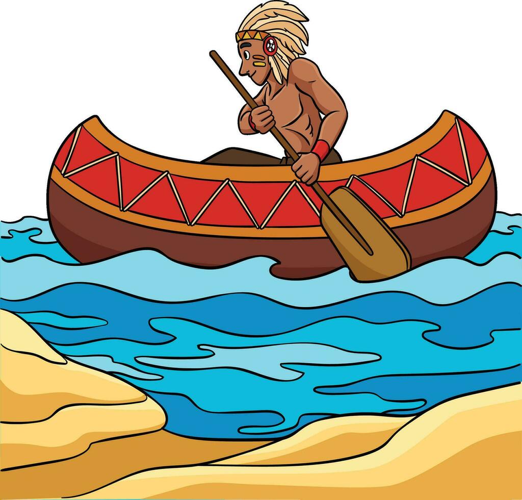 nativo americano indio canoa dibujos animados clipart vector