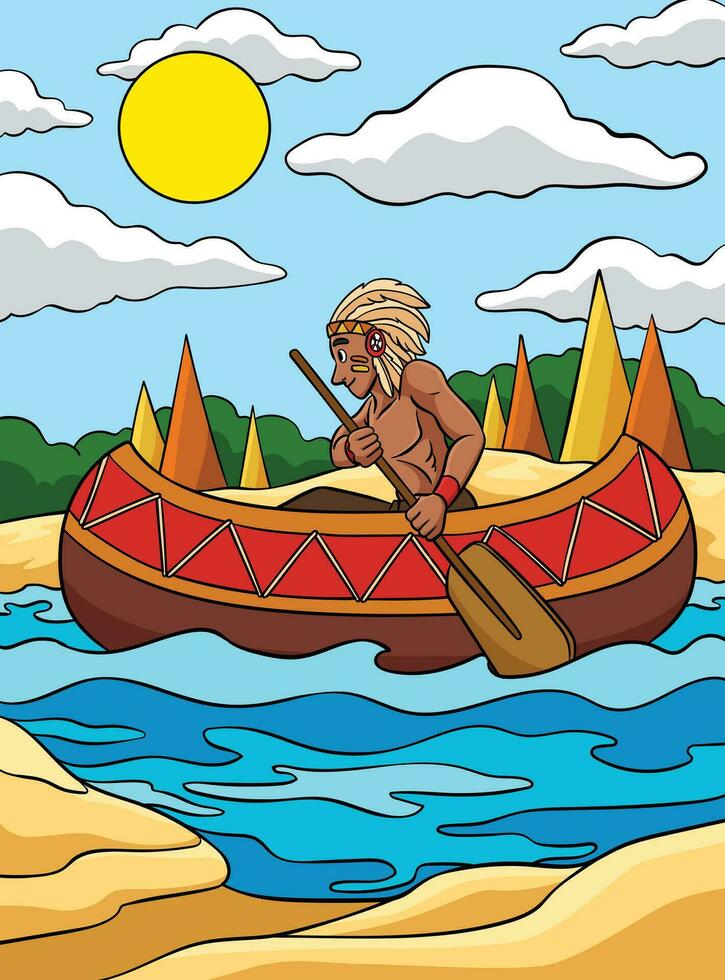 nativo americano indio canoa de colores dibujos animados vector