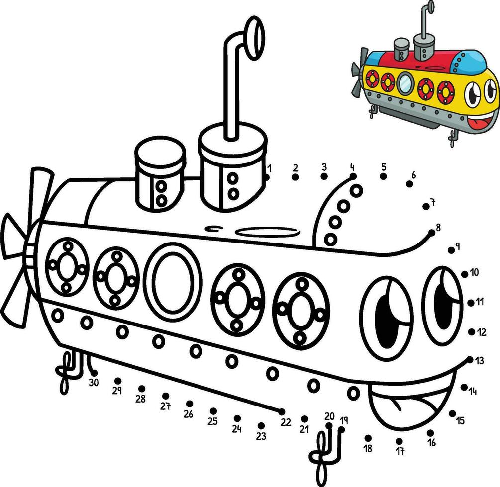 Dot to Dot Submarine Vehicle Isolated Coloring vector