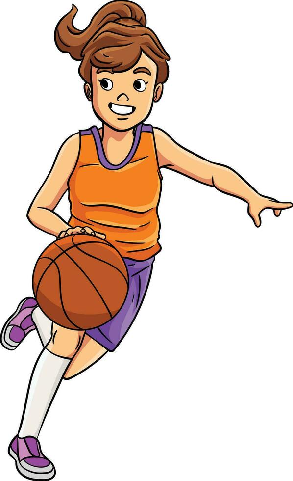 Basketball Girl Dribbling Cartoon Colored Clipart vector