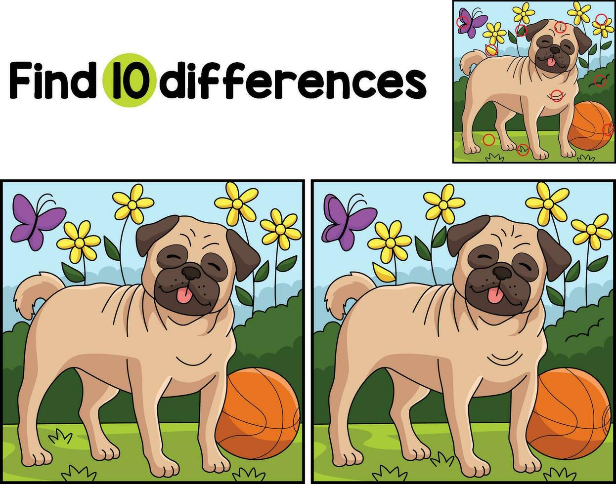 Pug Dog Find The Differences vector