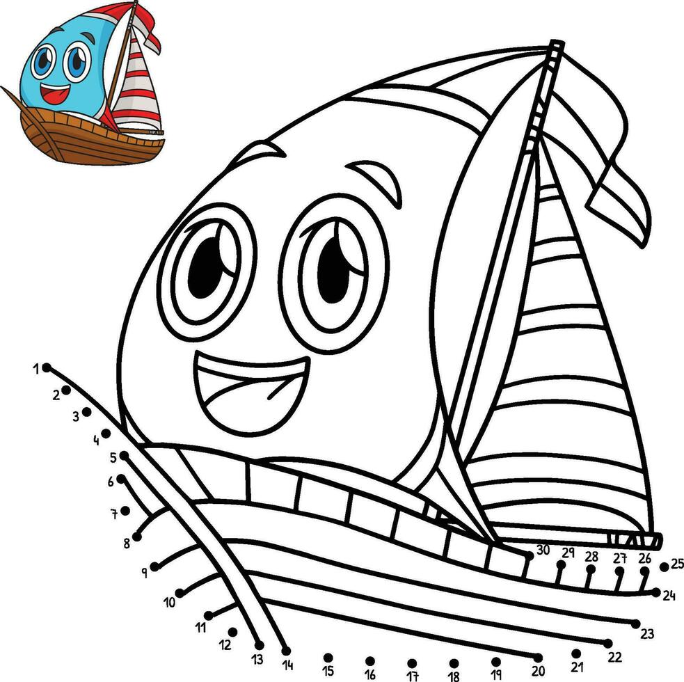 Dot to Dot Sailboat Vehicle Isolated Coloring Page vector