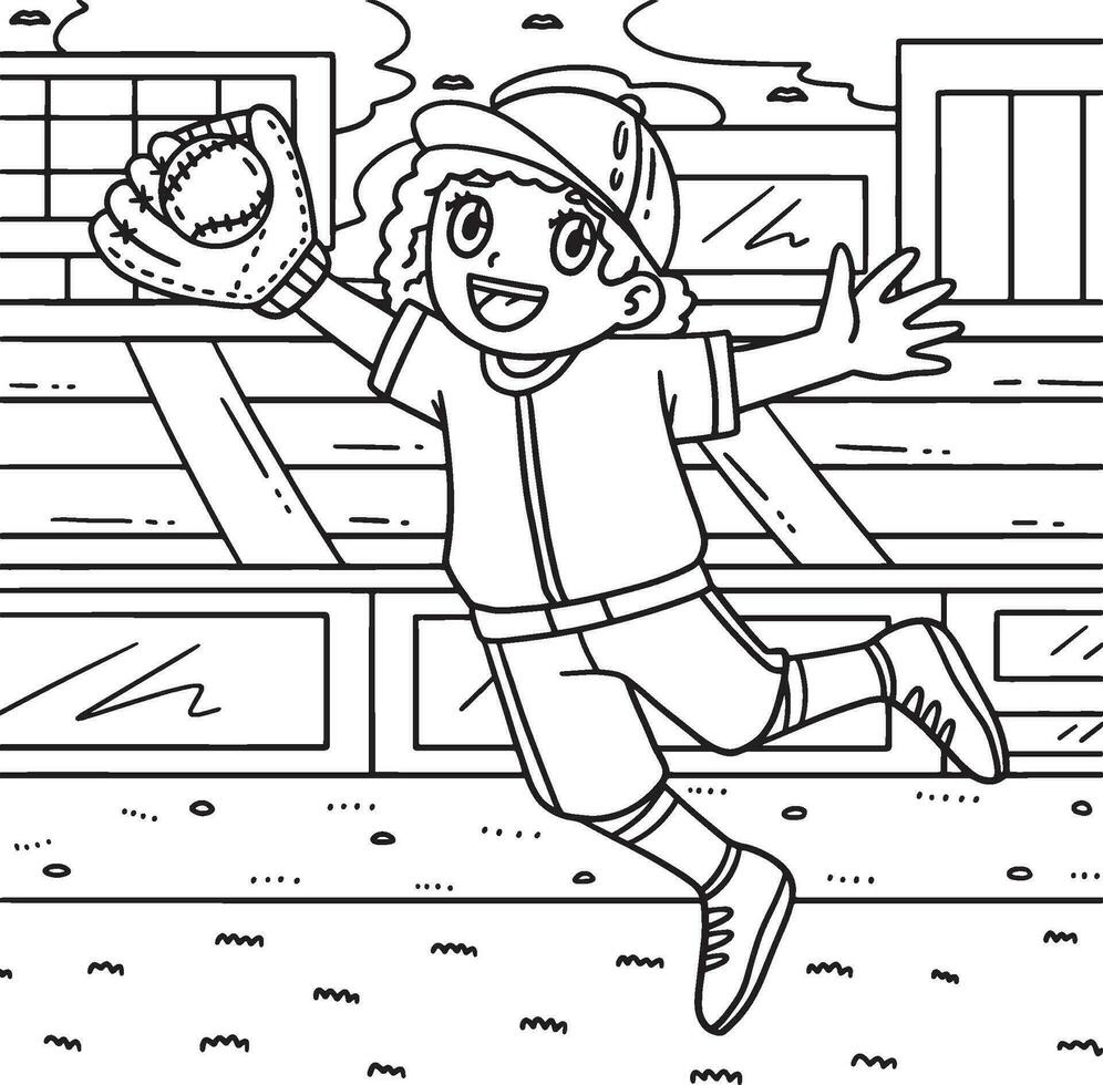 Girl Fielder Catching Baseball Coloring Page vector