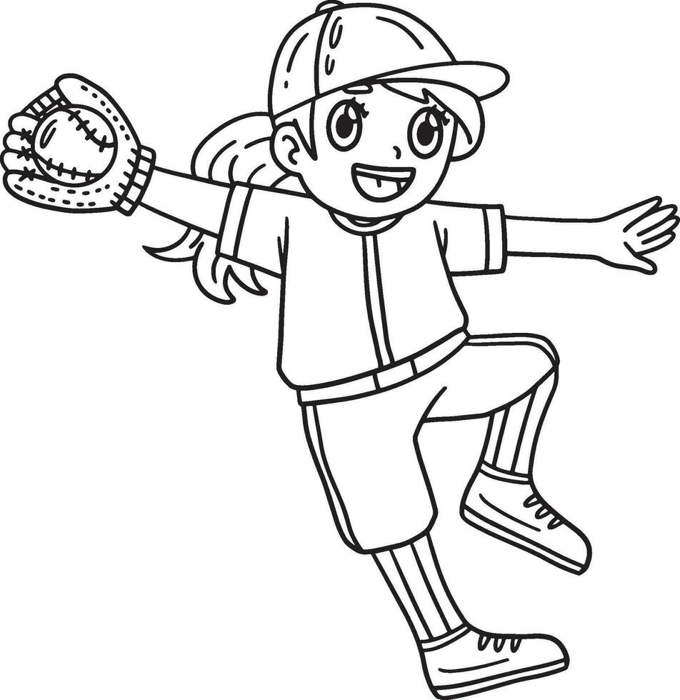 niña atrapando béisbol aislado colorante página vector