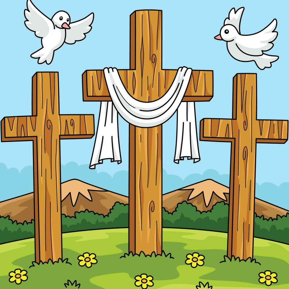 Christian Three Cross Colored Cartoon Illustration vector