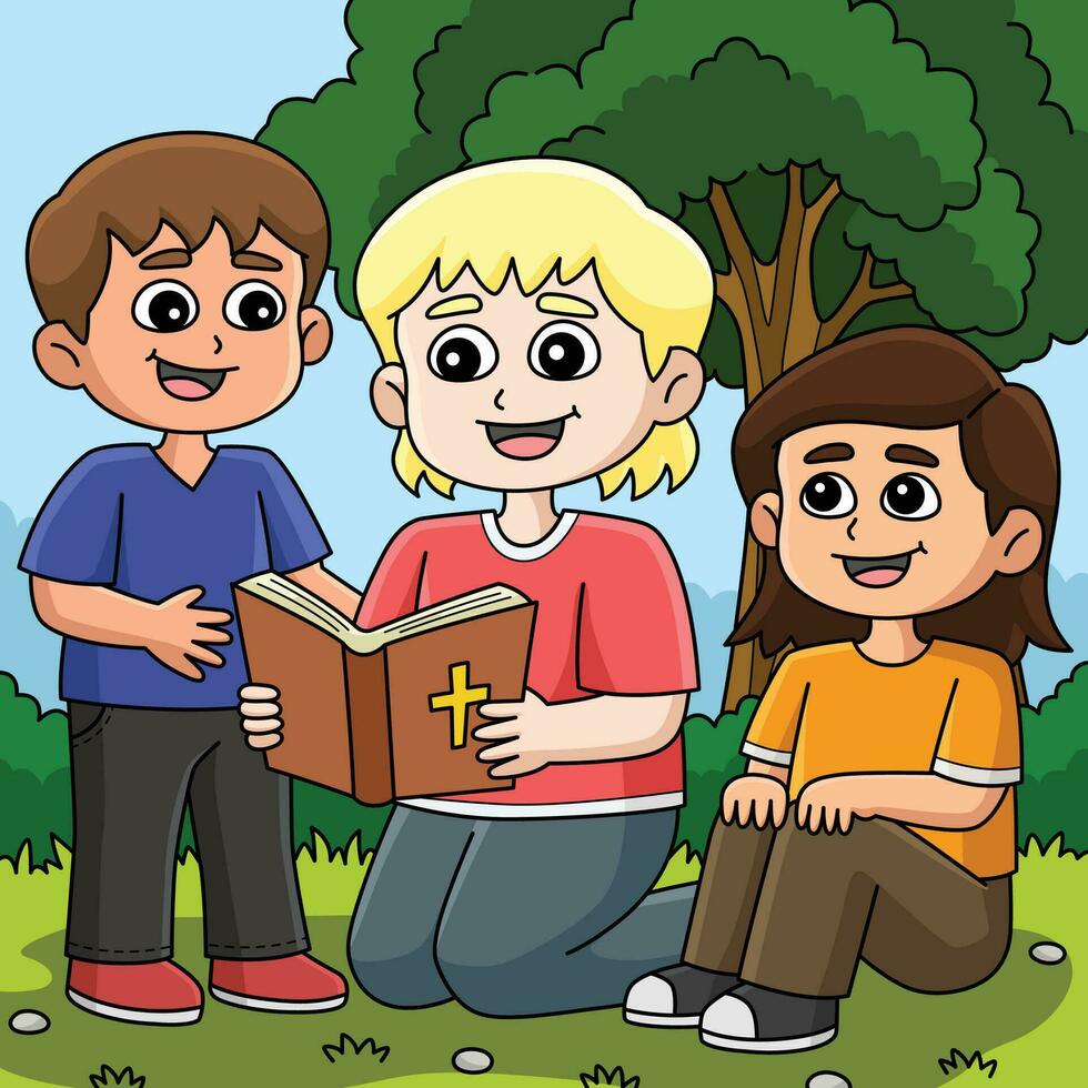 cristiano niños leyendo un Biblia de colores dibujos animados vector