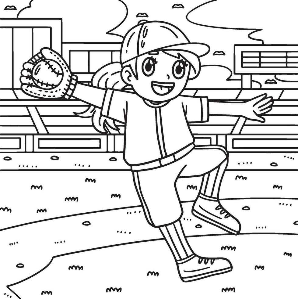 niña atrapando béisbol colorante página para niños vector