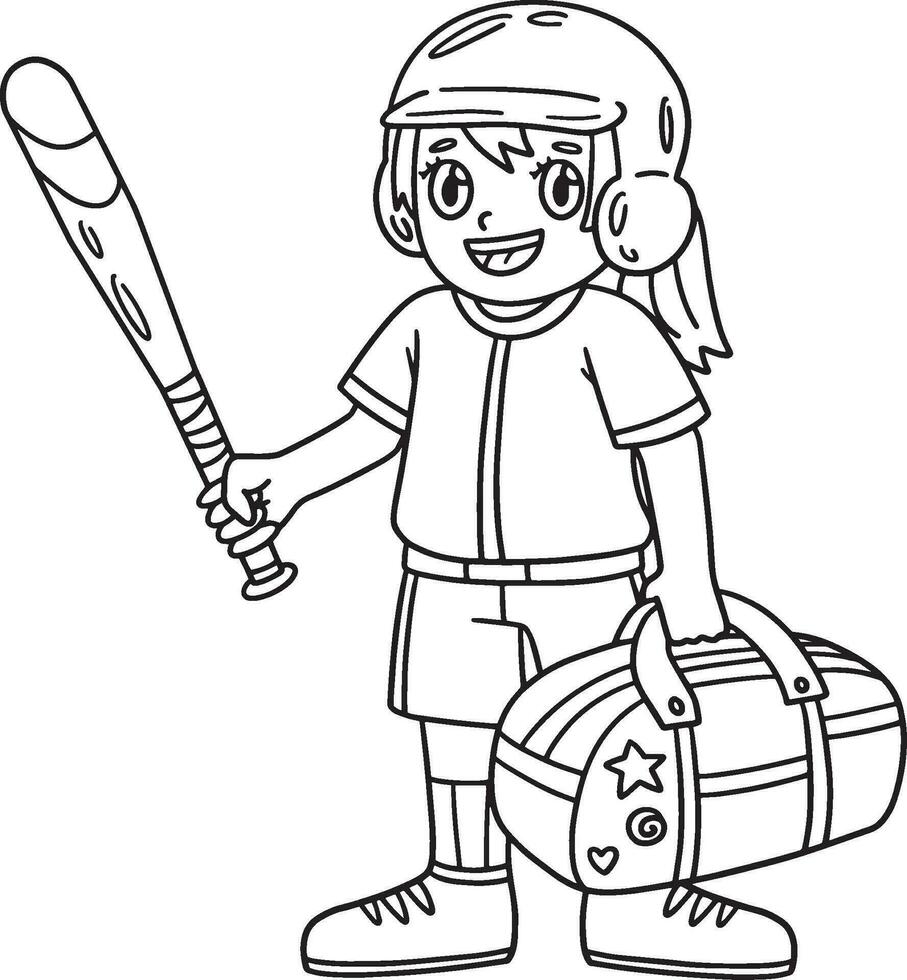niña con un Deportes bolso y béisbol murciélago aislado vector