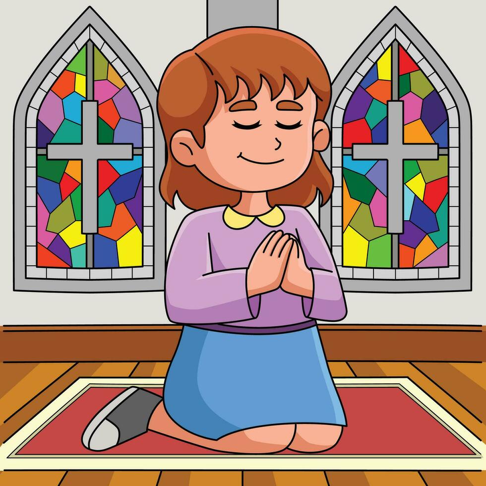 Christian Girl Praying Colored Cartoon vector