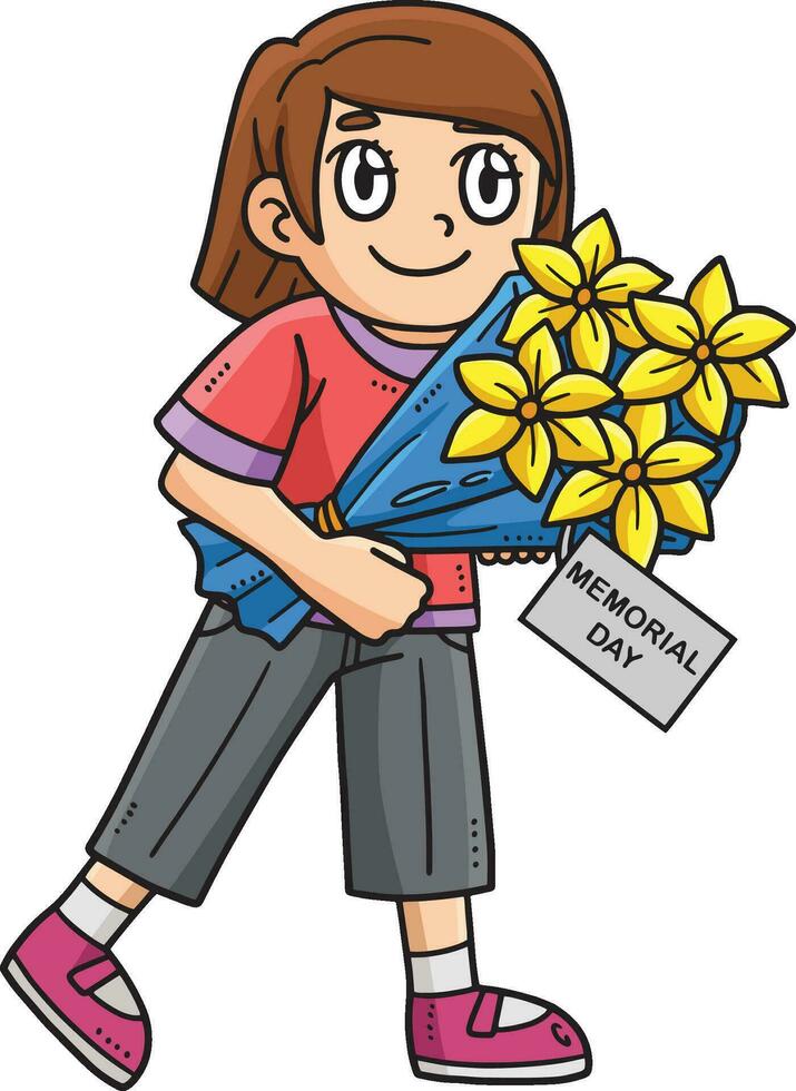 Memorial Day Child Offering Flower Cartoon Clipart vector