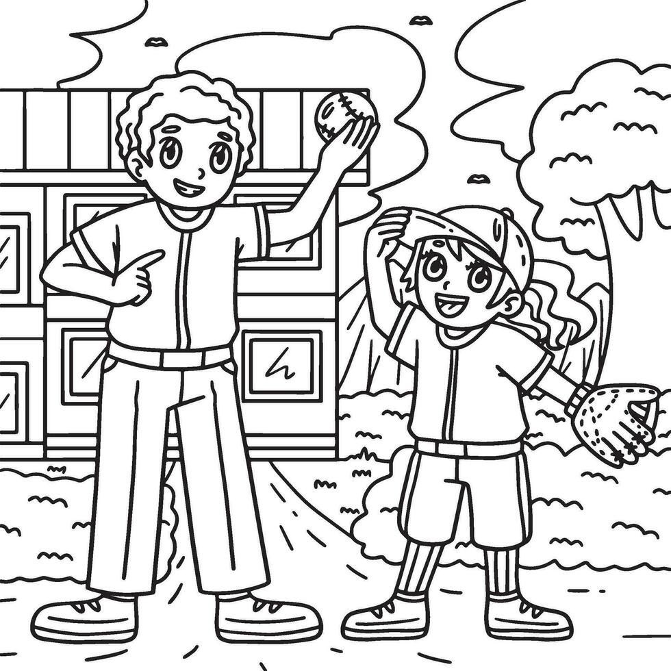 Baseball Girl Player and Parent Coloring Page vector