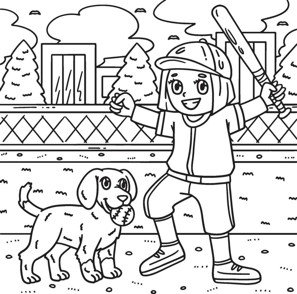 Girl Playing Baseball with a Dog Coloring Page vector