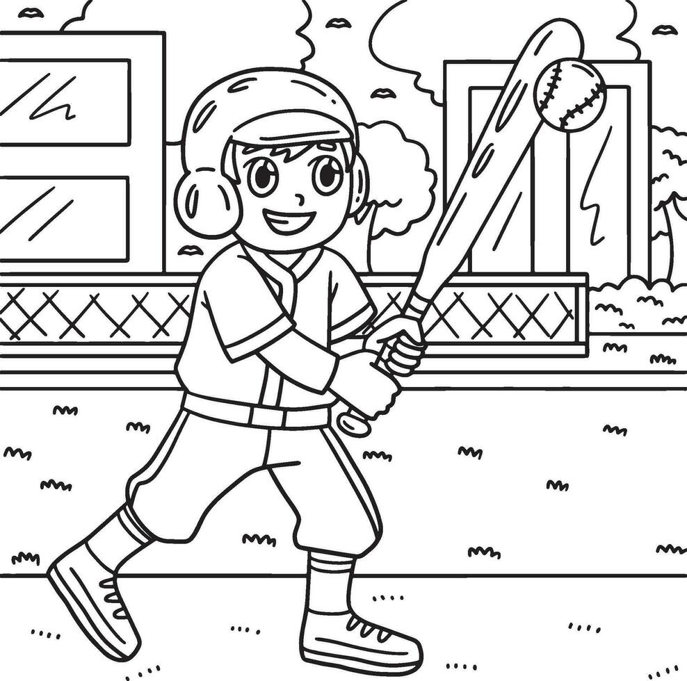 Boy Hitting Baseball Coloring Page for Kids vector