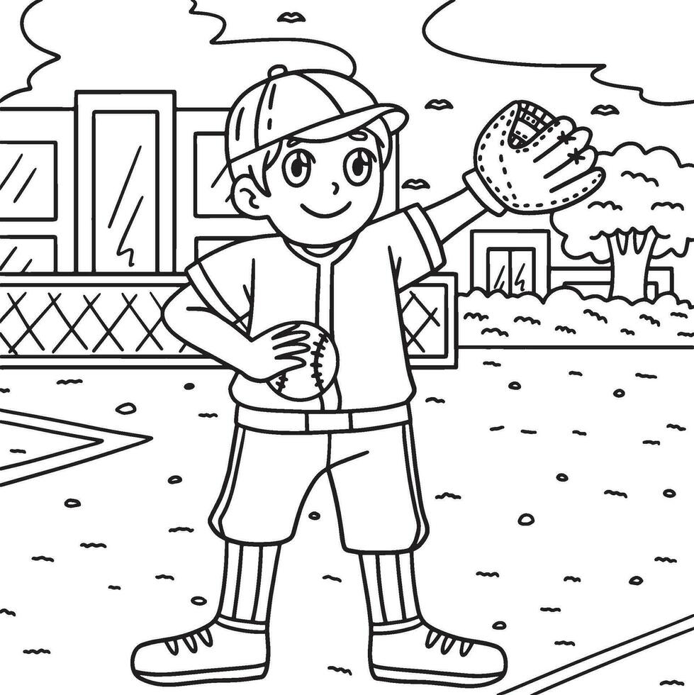 Baseball Boy Pitcher Coloring Page for Kids vector