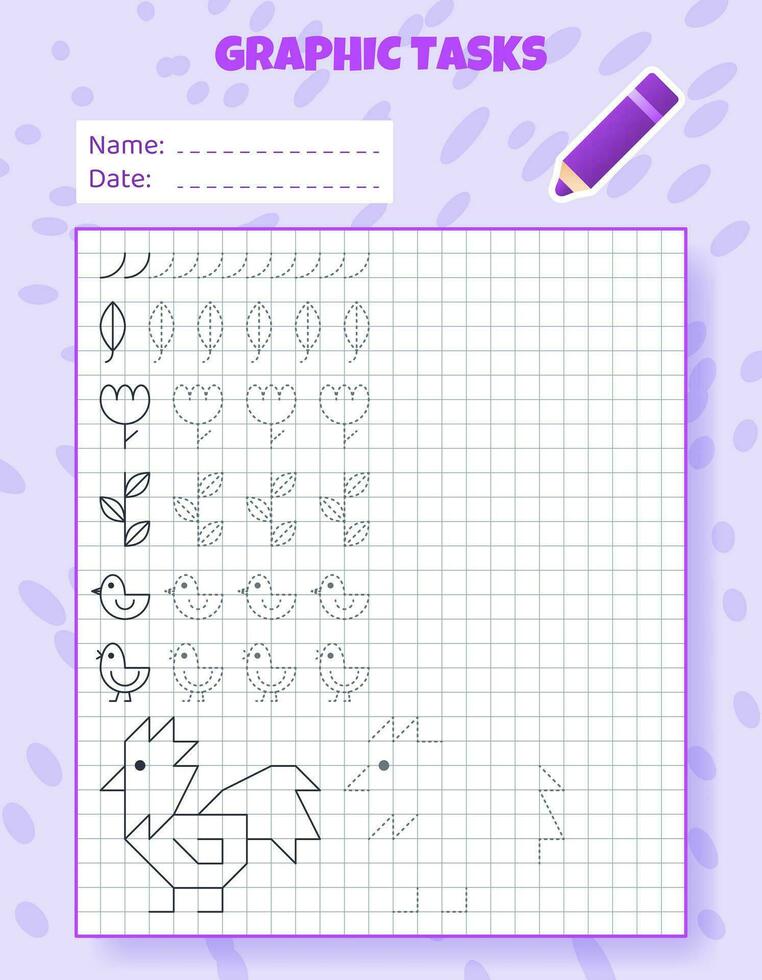 Drawing by cells. Educational game for preschool children. Worksheets for practicing logic and motor skills. Game for kids. Graphic tasks with different objects and elements. Vector illustration