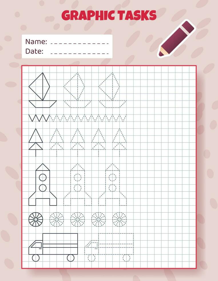 Drawing by cells. Educational game for preschool children. Worksheets for practicing logic and motor skills. Game for kids. Graphic tasks with different objects and elements. Vector illustration