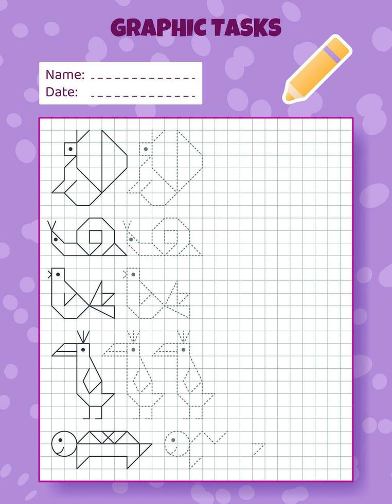Drawing by cells. Educational game for preschool children. Worksheets for practicing logic and motor skills. Game for kids. Graphic tasks with different objects and elements. Vector illustration