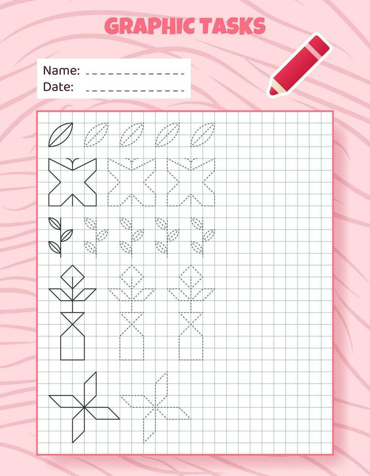 Drawing by cells. Educational game for preschool children. Worksheets for practicing logic and motor skills. Game for kids. Graphic tasks with different objects and elements. Vector illustration