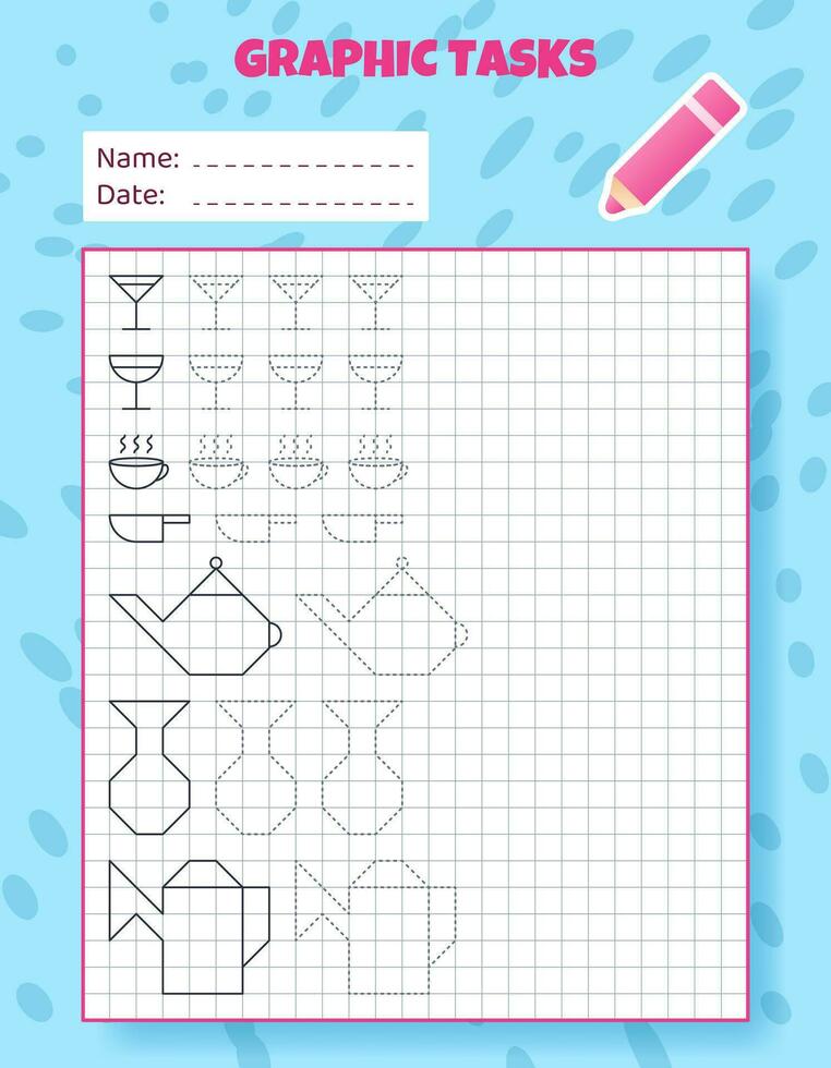 Drawing by cells. Educational game for preschool children. Worksheets for practicing logic and motor skills. Game for kids. Graphic tasks with different objects and elements. Vector illustration